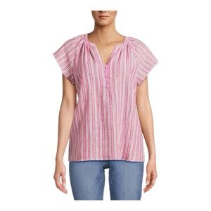TIME AND TRU Womens Size XL Short Sleeve Striped Linen Blend Popover Shirt Top